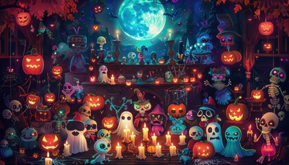 A large group of cartoon ghosts skeletons and pumpkins