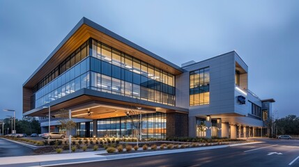 A healthcare facility with a facade that integrates natural materials and energy-efficient systems, highlighting the importance of sustainability in healthcare architecture.