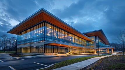 Fototapeta premium A healthcare facility with a facade that integrates natural materials and energy-efficient systems, highlighting the importance of sustainability in healthcare architecture.