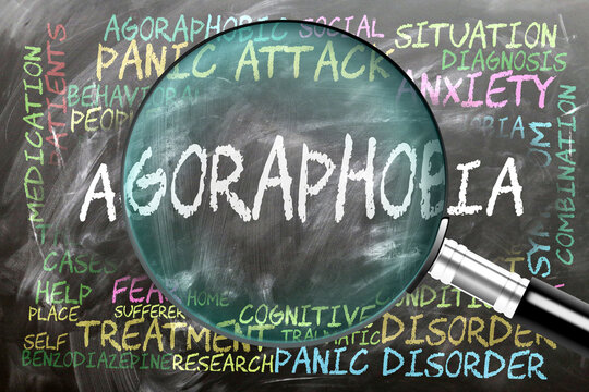 Agoraphobia being studied, examined - under close inspection. Most important subjects and ideas closely related to agoraphobia written on a blackboard inspected by a magnifying glass. ,3d illustration
