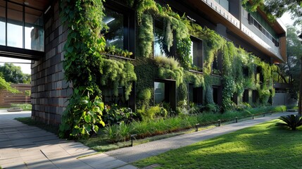 A corporate campus with a facade made from recycled materials and equipped with natural ventilation systems, reflecting a commitment to green building practices.