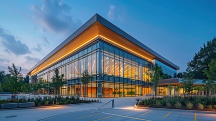 Obraz premium A sports facility with a facade designed to optimize natural light and energy efficiency, illustrating modern sustainable solutions in recreational architecture.
