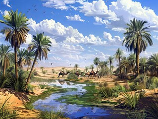 A digital painting of a desert oasis, with palm trees, a tranquil pool of water, and a caravan of camels approaching in the distance