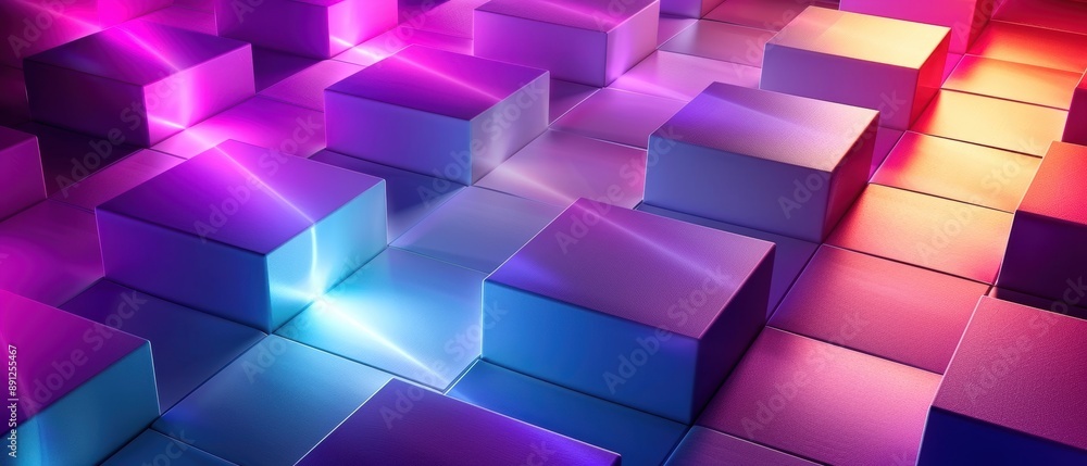 Poster a neon-lit 3d cubes pattern with vibrant colors and reflective surfaces. this abstract design create