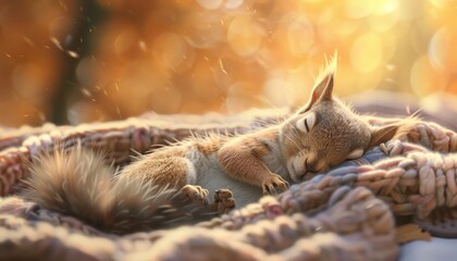 Obraz premium Sleeping Squirrel on Cozy Blanket in Daylight, Peaceful Atmosphere