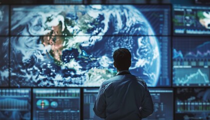 Meteorologist Analyzing Severe Climate Events on Advanced Display Systems in Operations Center