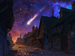 Obraz premium Awe grips a village as a vibrant comet streaks overhead, casting an ethereal glow on cobblestone streets
