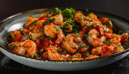 Fototapeta premium Traditional Spanish Shrimp with Garlic and Parsley on Dark Background, Delicious Cuisine