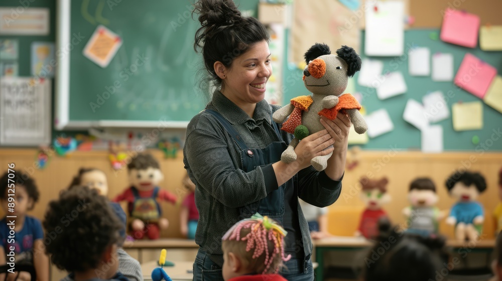 Poster engaging students through puppetry: teacher implementing innovative classroom strategies with puppet