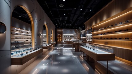 Naklejka premium Modern Sunglasses Store Designed With Elegant Display Walls Warm Ambient Lighting and a High-End Contemporary Retail Aesthetic