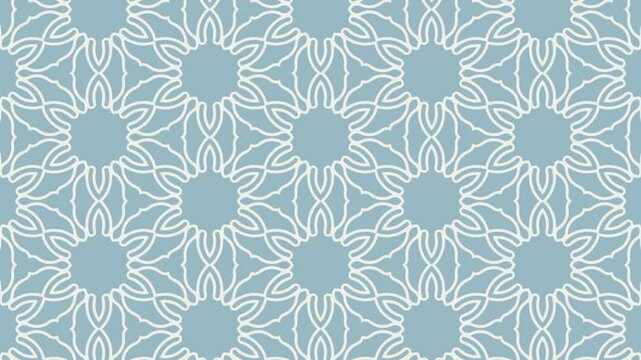 Seamless loop animation of blue background with repeating pattern of white floral shapes, Ideal for backgrounds, presentations, or textile designs