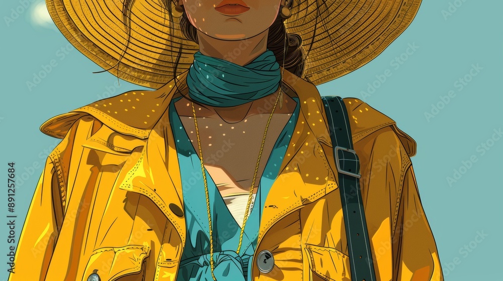 Poster detail of a stylish outfit, focusing on the textures and patterns of the fabric. cartoon illustratio