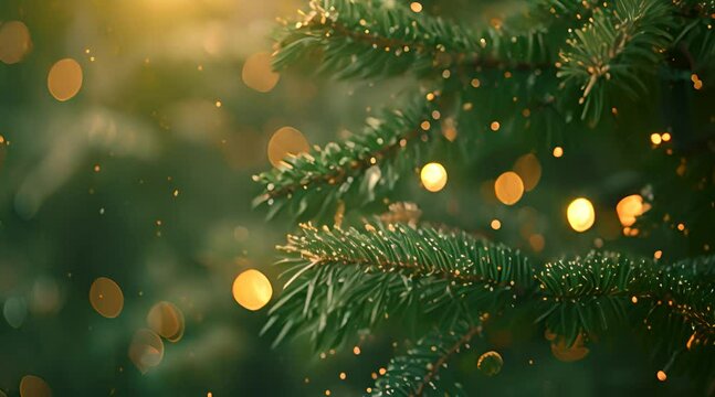 Christmas tree branches, with a blurred background featuring golden lights and snowflakes falling on it.