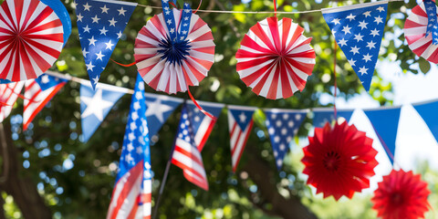 Obraz premium Patriotic Decor and Symbols for American Holidays – Flags, Bunting, Festive Decorations for Labor Day, Fourth of July, Memorial Day