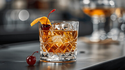 Classic old fashioned cocktail in crystal glass with orange twist and cherry