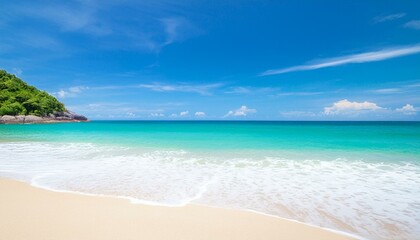 Beautiful tropical beach with palm trees, sunset beach seascape, design template for travel banner.