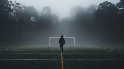 Silhouette of a soccer player walking toward the goal on a foggy day.