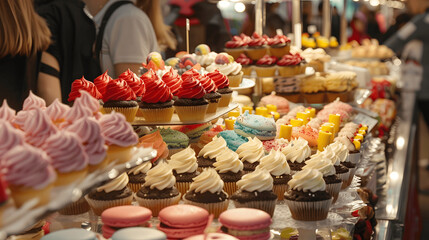 Dessert festival with stalls of cupcakes, macarons, and ice cream