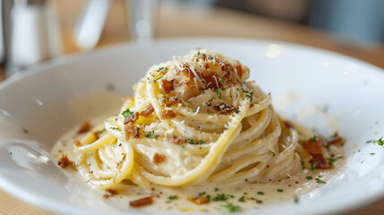 Spaghetti carbonara with creamy sauce, pancetta, and Parmesan