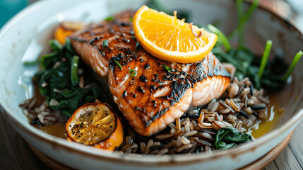 Pan-seared salmon with citrus glaze on wild rice and sautéed spinach