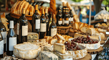 Gourmet food stall with artisanal cheeses, fresh bread, and wine at festival