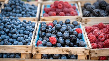 Fresh berries including blueberries, raspberries, and blackberries in wooden crates