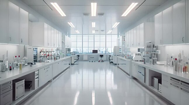 A clean and modern laboratory with white walls, high ceilings, large windows.
