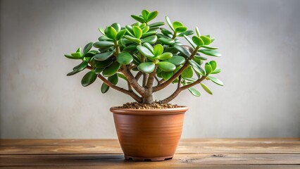 Money tree growing in pot on wooden table