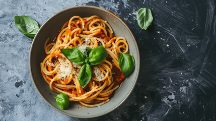 Spaghetti with homemade tomato basil sauce and vegan Parmesan