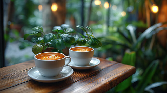 warm cups of coffee on a wooden table surrounded by green plants, creating a cozy and peaceful atmosphere. original photo. high detail. 18mm lens. realistic. photograpgy.