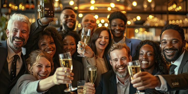 Golden Age of Prosperity: A group portrait of diverse people in suits and dresses, smiling and raising glasses of champagne.