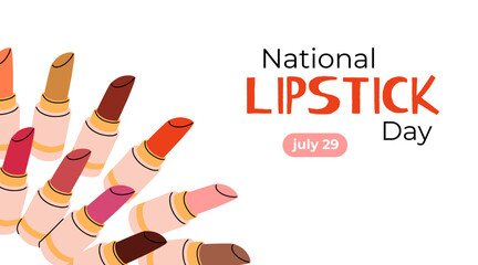 National Lipstick Day banner. Various colorful lipstick bottles and festive lettering. Vector flat background, poster, postcard, flyer.