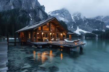 Fototapeta premium An alpine cabin stands over a turquoise lake, surrounded by towering mountains, with cozy lights illuminating the wooden structure, creating a serene and picturesque scene.