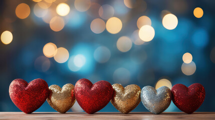 Vibrant red hearts floating in a mesmerizing blue and gold bokeh background, perfect for lovethemed designs.