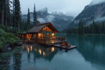 Naklejka premium Lakeside log cabin with a wooden deck and Adirondack chairs, set in a tranquil mountain-view environment, beautifully illuminated during twilight with a calm water reflection.