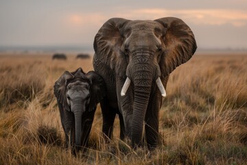 Obraz premium A serene image capturing a majestic adult elephant and a young calf standing in the tall grass against a beautiful sunset backdrop, highlighting their bond and grandeur.