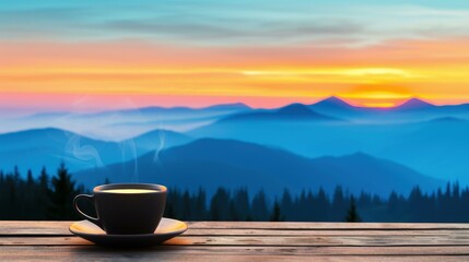Enjoy a steaming cup of coffee against a picturesque sunset backdrop in the mountains.