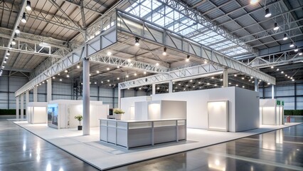 Empty trade show booth exhibit display in modern bright open plan building