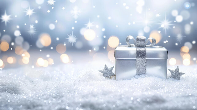 Festive Christmas silver banner with gift box, stars, and space for custom text.