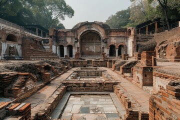 Obraz premium The ancient ruins of Roman baths, featuring intricate brick archways and remnants of the sophisticated bathing complex, exhibit the grandeur of Roman engineering and communal culture.