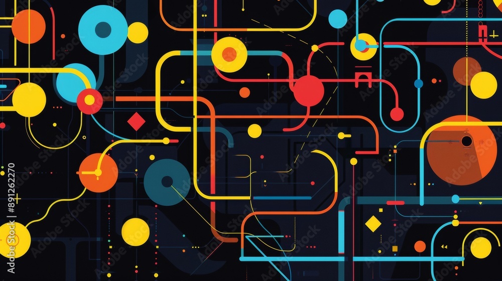 Poster illustration technical system with colorful lines connecting different flow states.