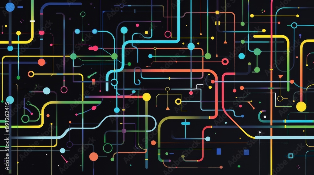 Poster illustration technical system with colorful lines connecting different flow states.