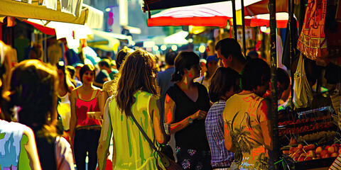 Obraz premium Melting Pot of Cultures: A vibrant street market, bustling with people from different backgrounds sharing food, music, and traditions.