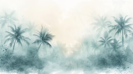 Naklejka premium Dreamy tropical background featuring misty palm trees and a soft gradient sky, perfect for serene designs and exotic themes.