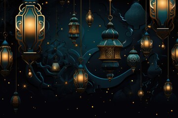 Ornate lanterns with gold and blue details on a dark background.