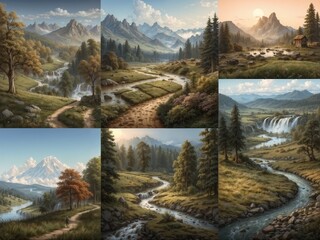 Fototapeta premium This is a beautiful mountainous landscape with streams and dense pine trees covering the entire mountain area. The sunlight shines down and creates beautiful light and shadows.