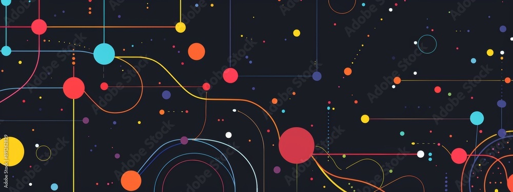 Poster illustration technical system with colorful lines connecting different flow states.