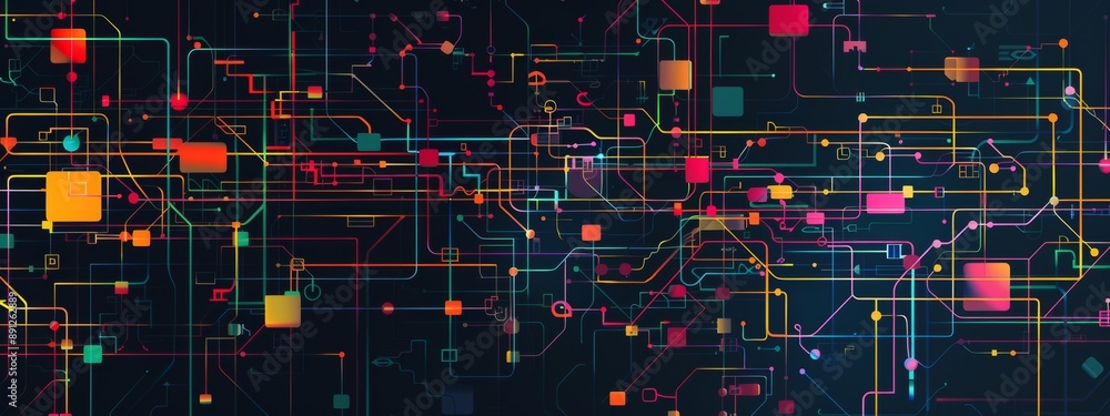 Aufkleber illustration technical system with colorful lines connecting different flow states.