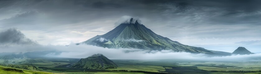 Fototapeta premium Majestic mountain landscape with misty peaks and lush green fields, enveloped in low-lying clouds against a dramatic sky.