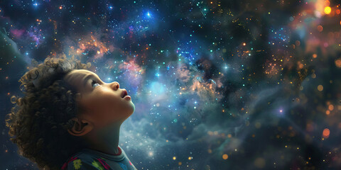 Freedom to Dream: A young child looking up at a starry sky, with fireworks exploding in the distance.